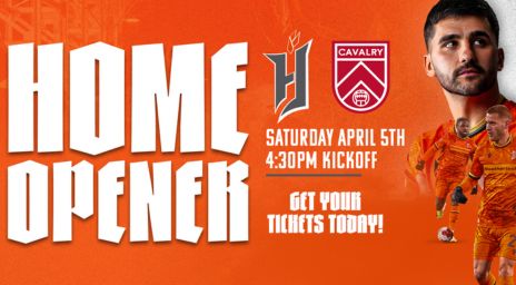 Forge FC Home Opener poster with the team’s athletes on the side