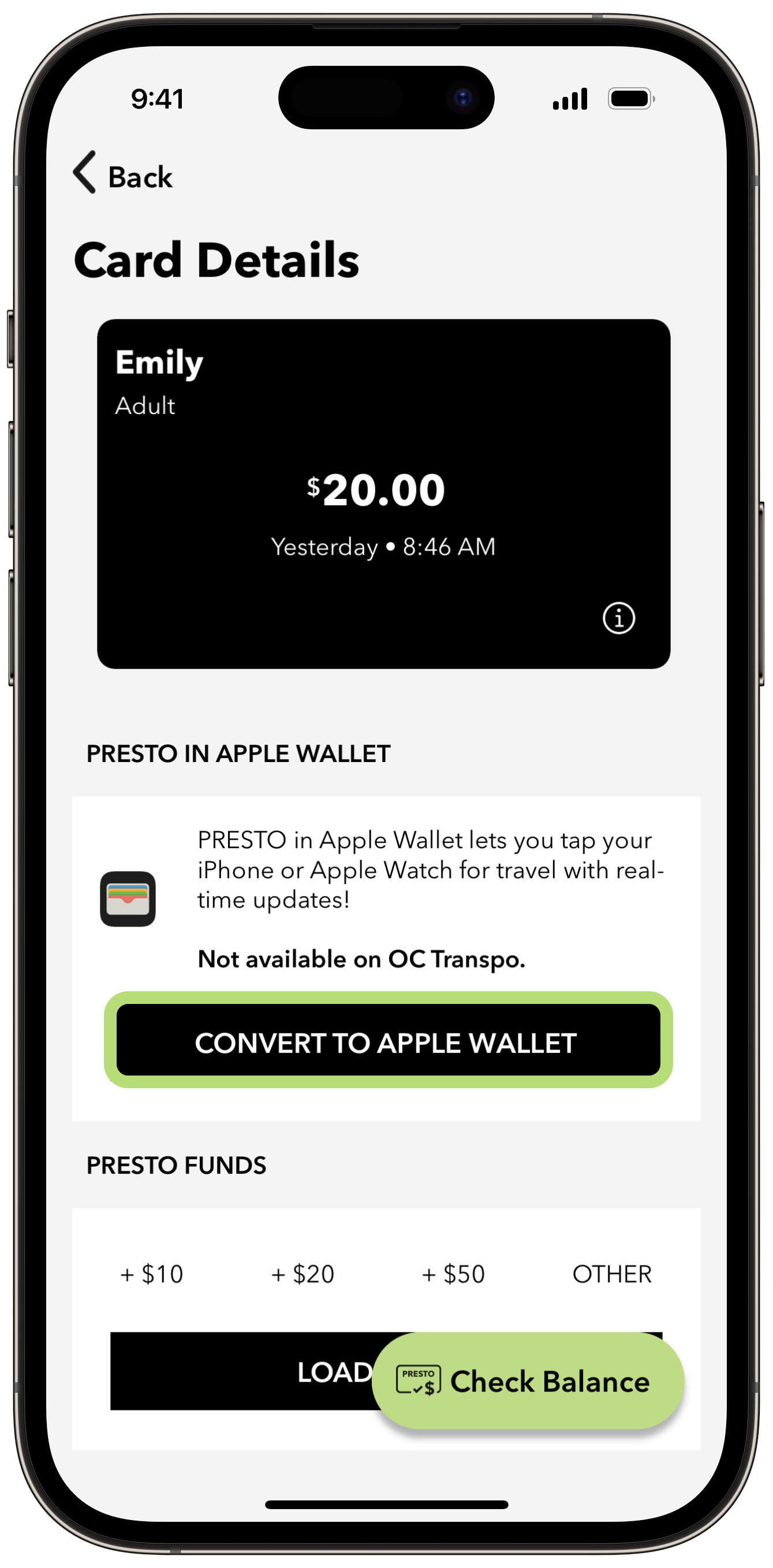 How to convert a physical PRESTO card using the PRESTO app Step 2 Screenshot